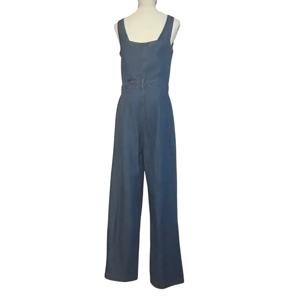 Sincerely Jules Denim Jumpsuit Blue L Wide Leg Button Front Y2K - Picture 13 of 16
